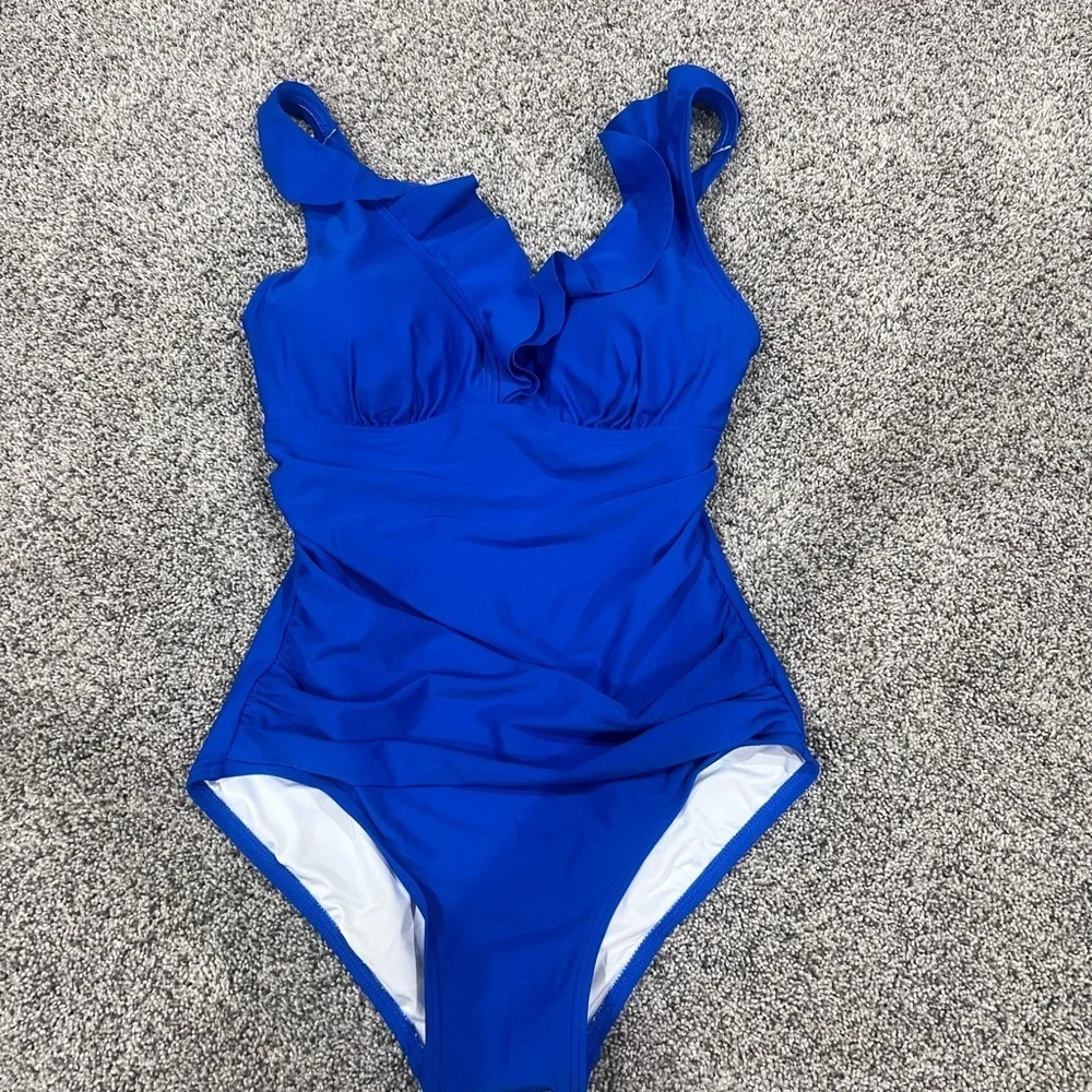 NWOT DKNY Women Ruffle Plunge Underwire Tummy Control One-Piece Swimsuit US 10 - Picture 2 of 10